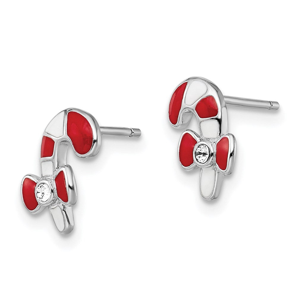 Sterling Silver Madi K Rhodium-plated Polished Enameled Red and White with Crystal Accent Candy Cane Post Earrings