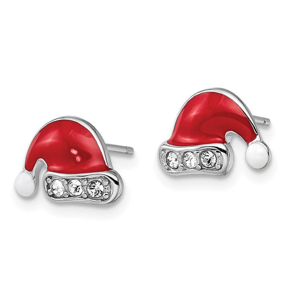 Sterling Silver Madi K Rhodium-plated Polished Enameled Red and White with Crystal Trim Santa Hat Post Earrings