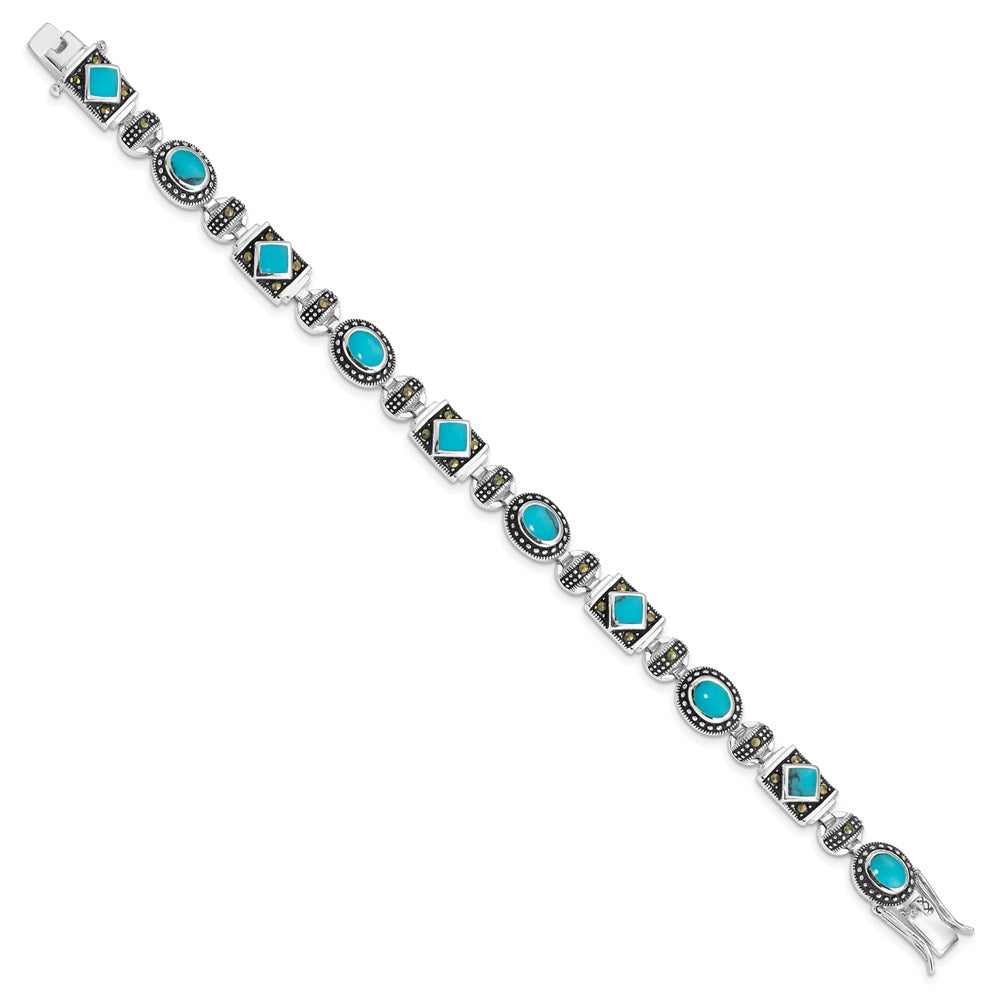 Sterling Silver Rhodium-plated Lab Created Turquoise and Marcasite Bracelet