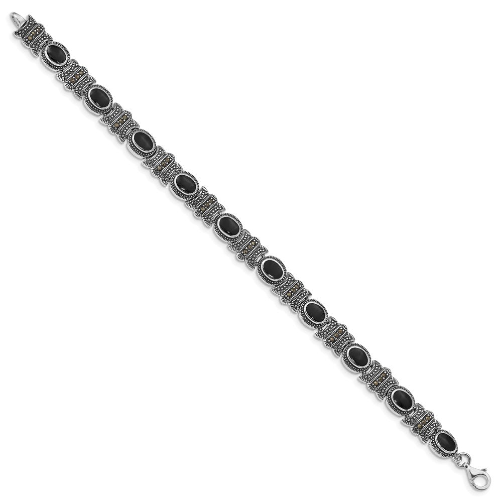 Sterling Silver Rhodium-plated Marcasite and Oval Onyx Cabochon Bracelet
