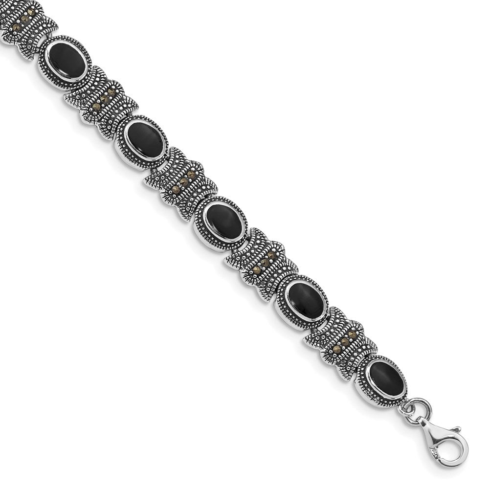 Sterling Silver Rhodium-plated Marcasite and Oval Onyx Cabochon Bracelet