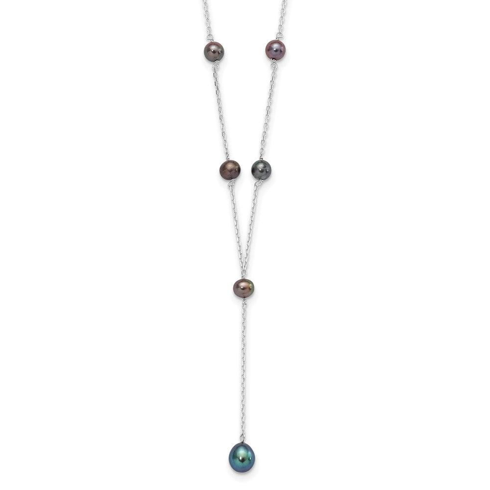 Sterling Silver Rhodium-plated 6- Black Teardrop and Semi-Round Freshwater Cultured Pearl 6-Station Y-Drop Necklace