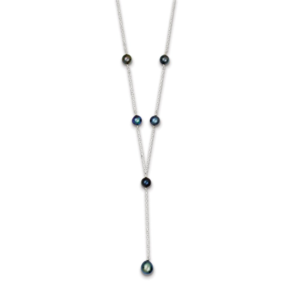 Sterling Silver Rhodium-plated Black FWC Pearl Y-Drop Necklace