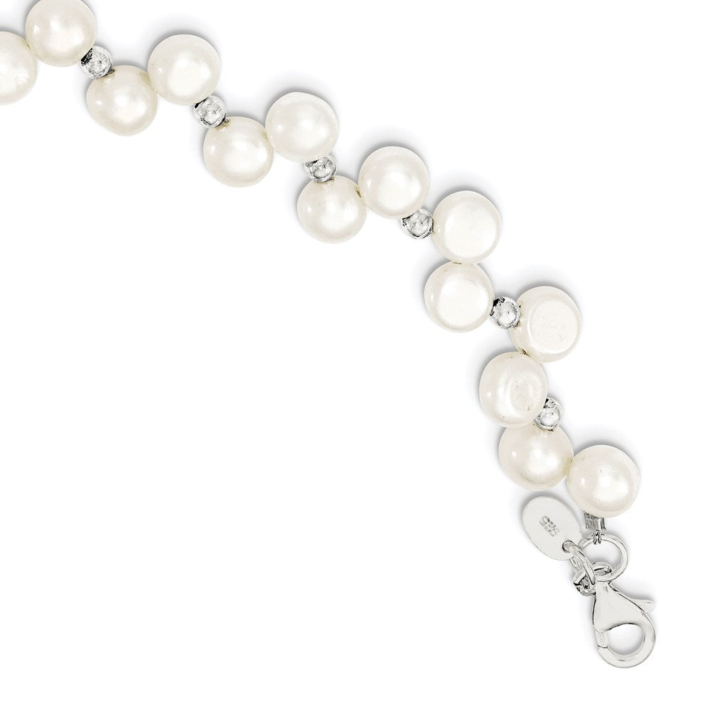 Sterling Silver 7- White Button Freshwater Cultured Pearl with Extension Necklace