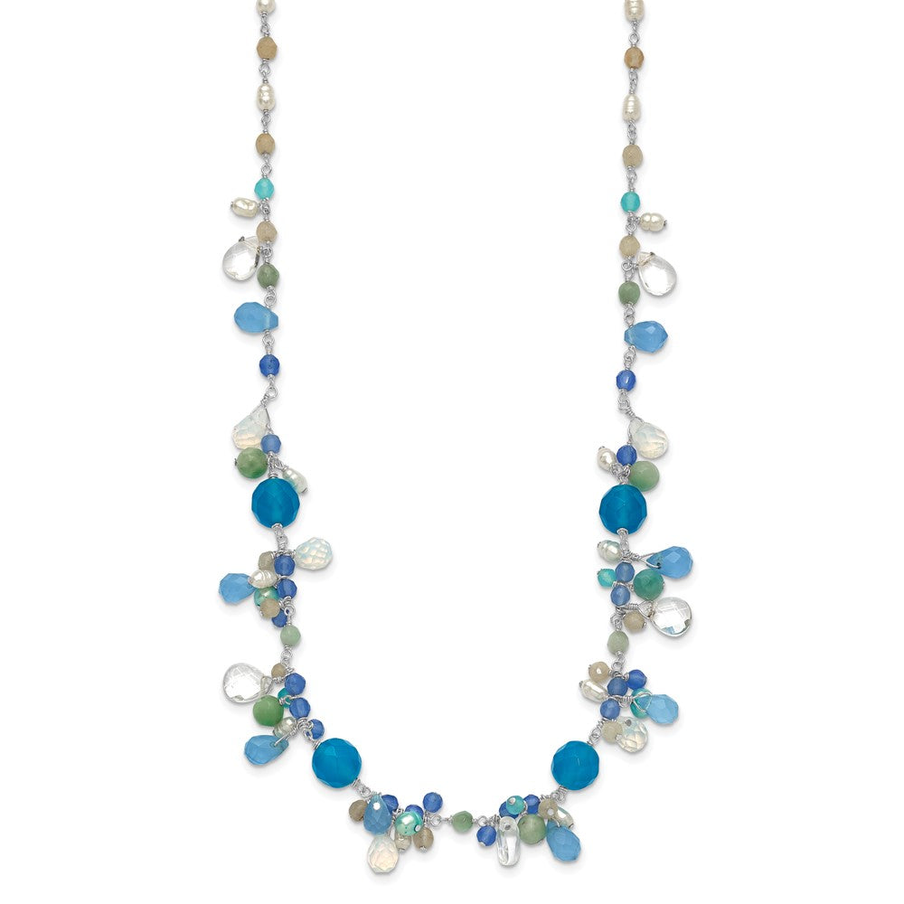 SS Blue Topaz/Crystal/Opalite Crystal/Amazonite/FW Cultured Pearl Neck