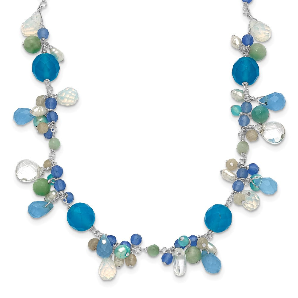 SS Blue Topaz/Crystal/Opalite Crystal/Amazonite/FW Cultured Pearl Neck