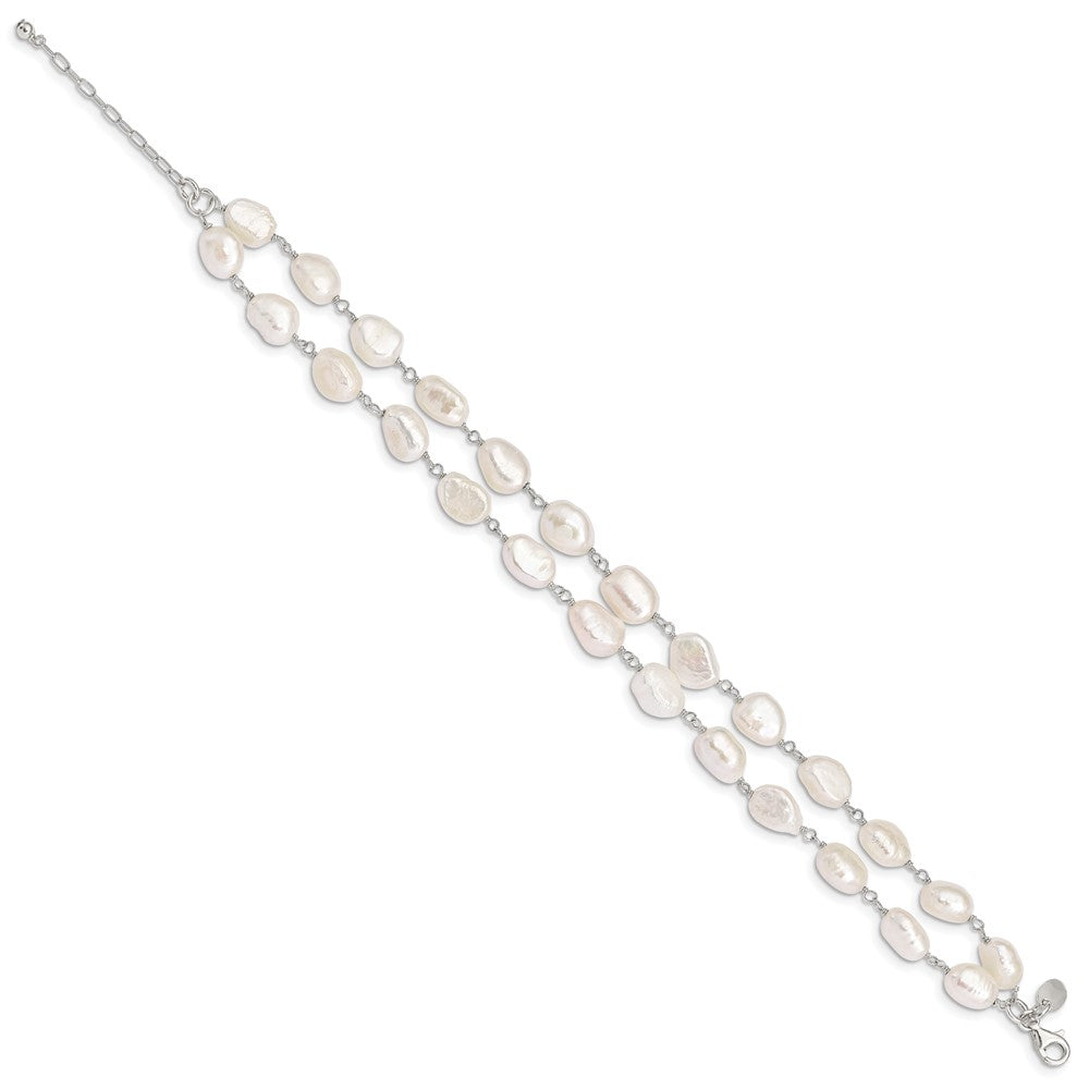Sterling Silver 10- White Baroque Freshwater Cultured Pearl 2-Strand with Extension Bracelet
