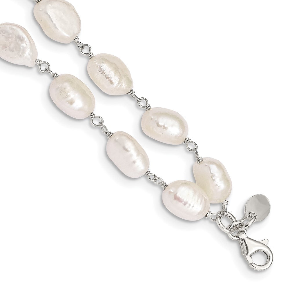 Sterling Silver 10- White Baroque Freshwater Cultured Pearl 2-Strand with Extension Bracelet
