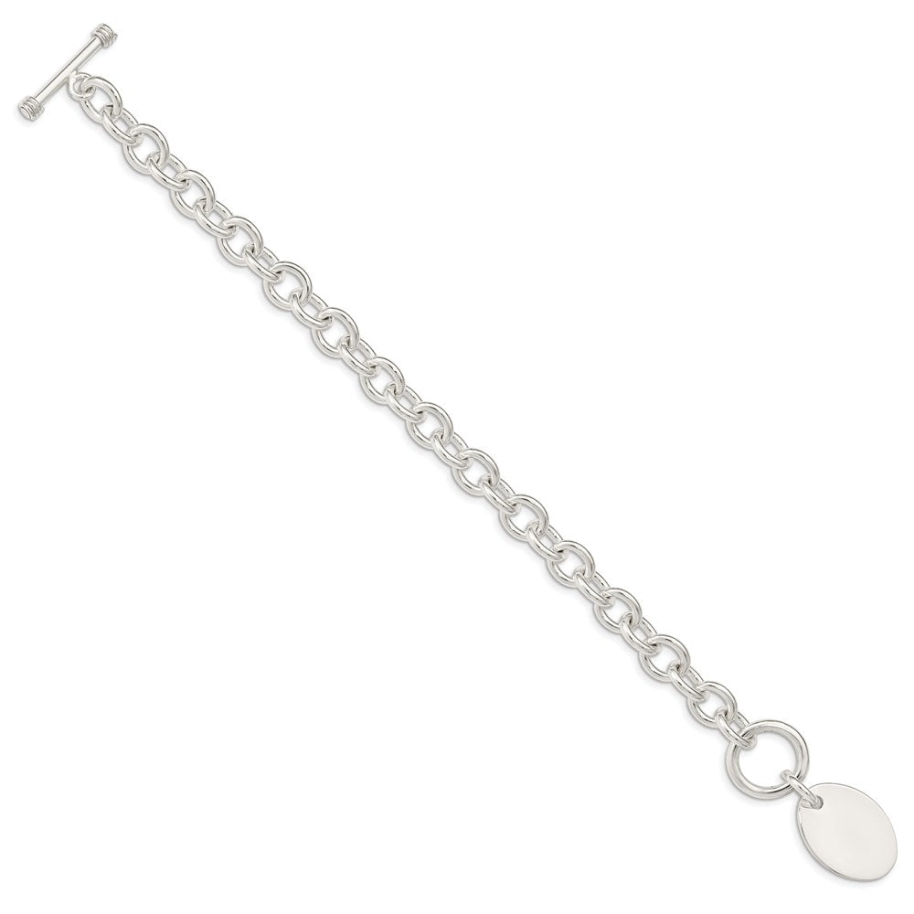 Sterling Silver Engravable 25x Oval Disc Fancy Cable Link Toggle Bracelet