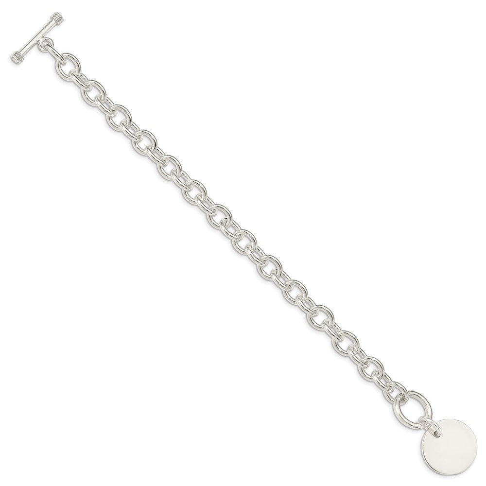 Sterling Silver Engravable Round Disc Rolo Link Toggle Bracelet
