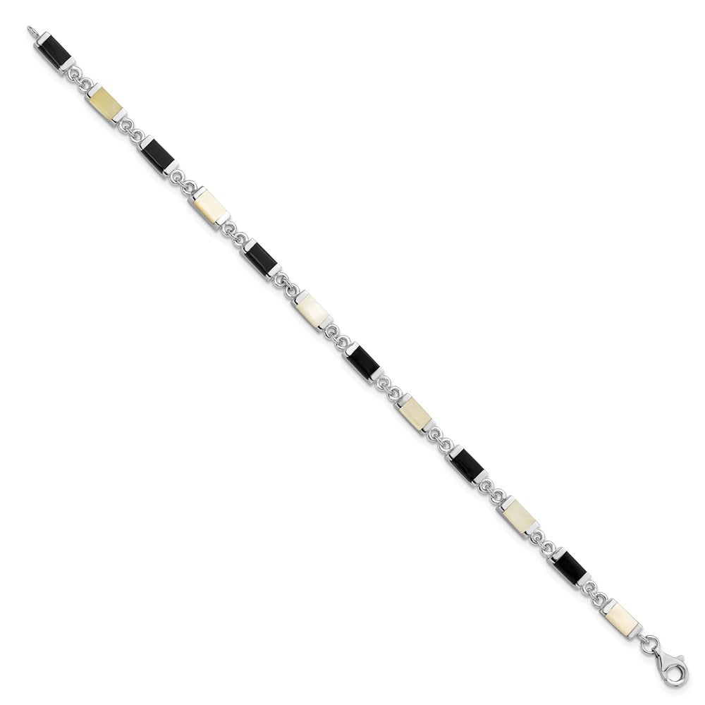 Sterling Silver Rhodium-plated Onyx/Mother Of Pearl Bracelet
