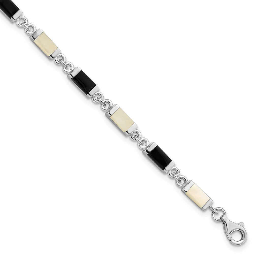 Sterling Silver Rhodium-plated Onyx/Mother Of Pearl Bracelet