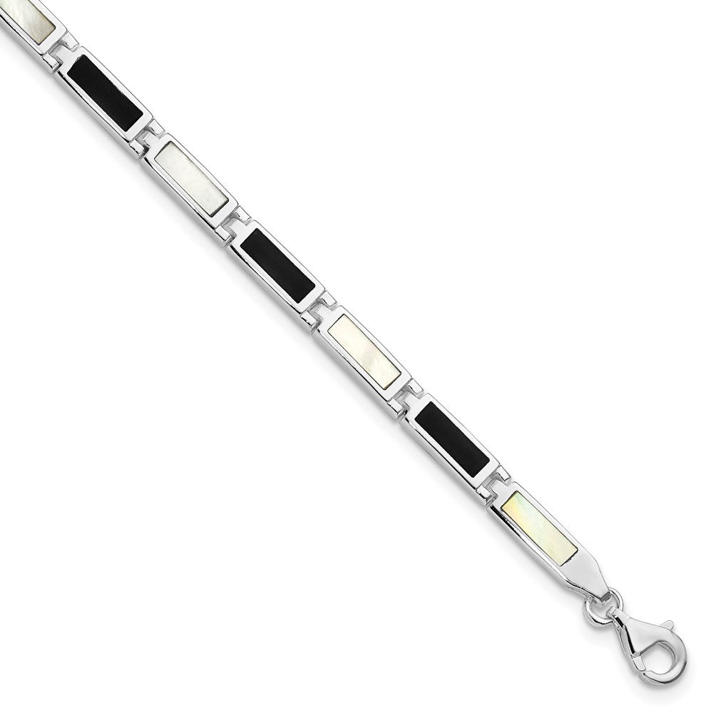 Sterling Silver Rhodium-plated Rectangle Onyx and Mother of Pearl Bracelet