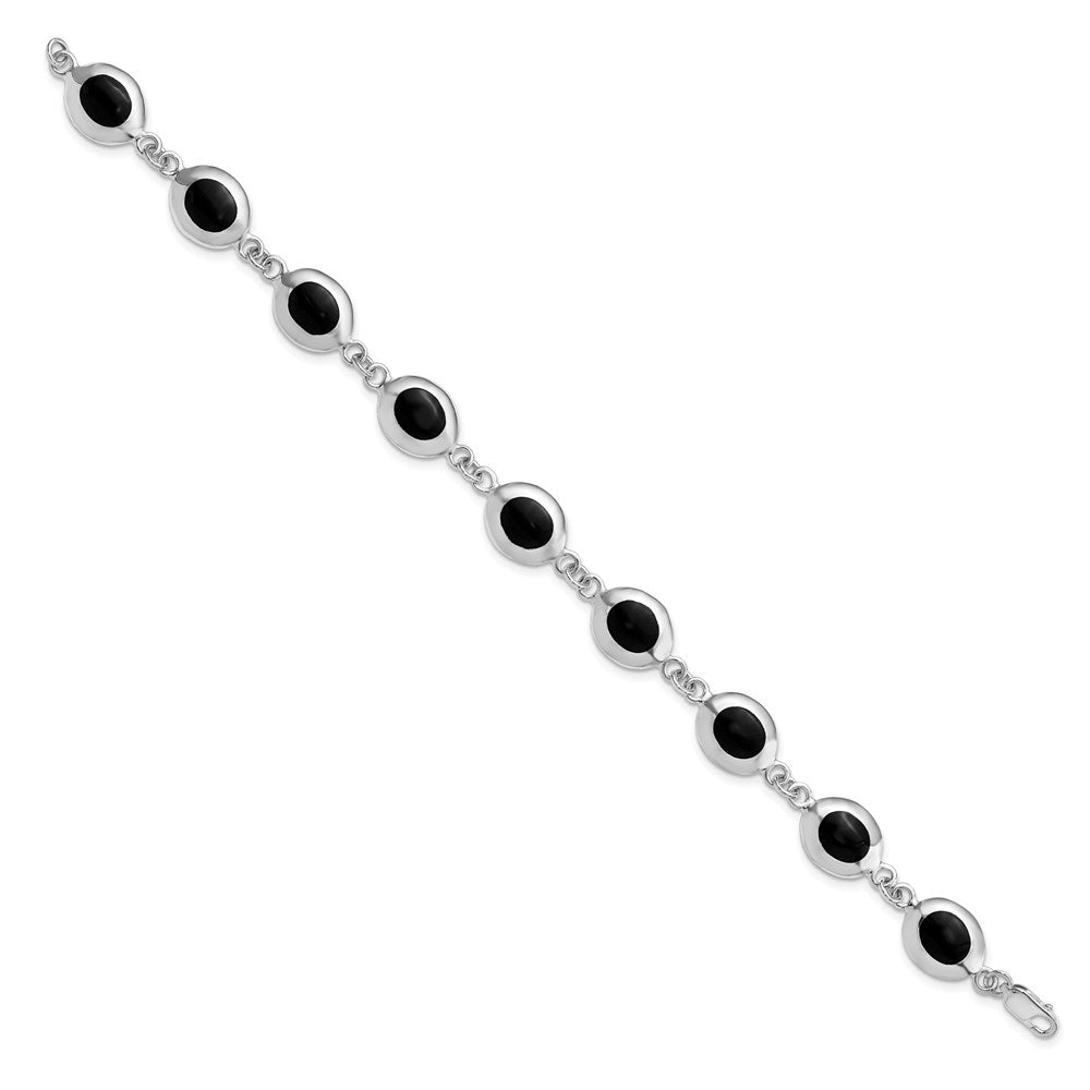 Sterling Silver Rhodium-plated Fancy Polished Oval Onyx Bracelet
