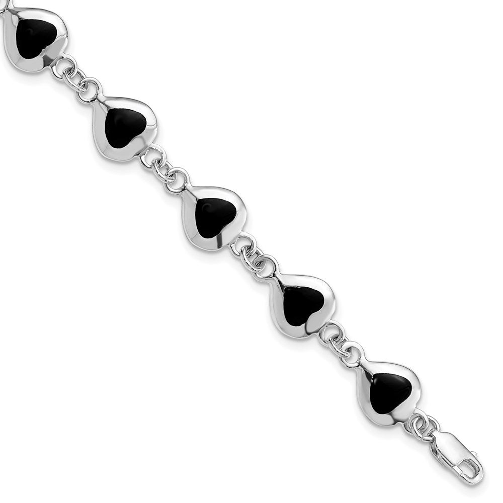 Sterling Silver Rhodium-plated Fancy Polished Heart Onyx Bracelet