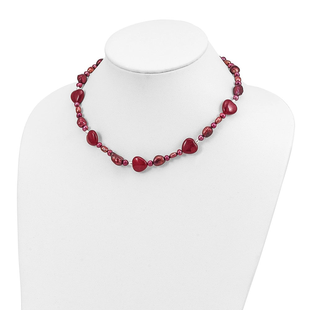 Sterling Silver Red Jade Hearts and Freshwater Cultured Pearl Necklace