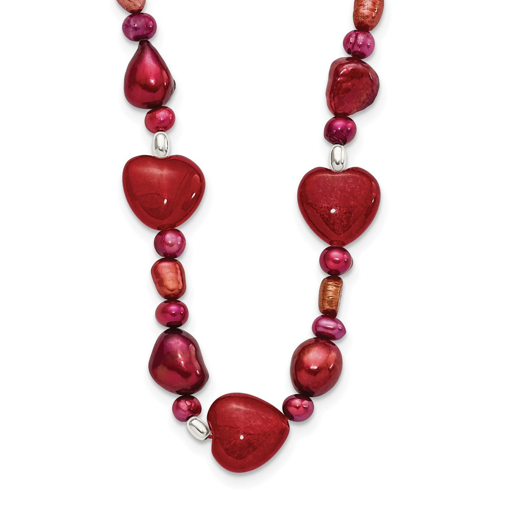 Sterling Silver Red Jade Hearts and Freshwater Cultured Pearl Necklace
