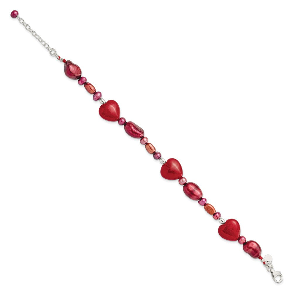 Sterling Silver Red Jade Hearts and Freshwater Cultured Pearl with Extension Bracelet