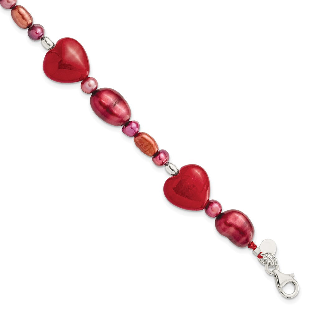 Sterling Silver Red Jade Hearts and Freshwater Cultured Pearl with Extension Bracelet