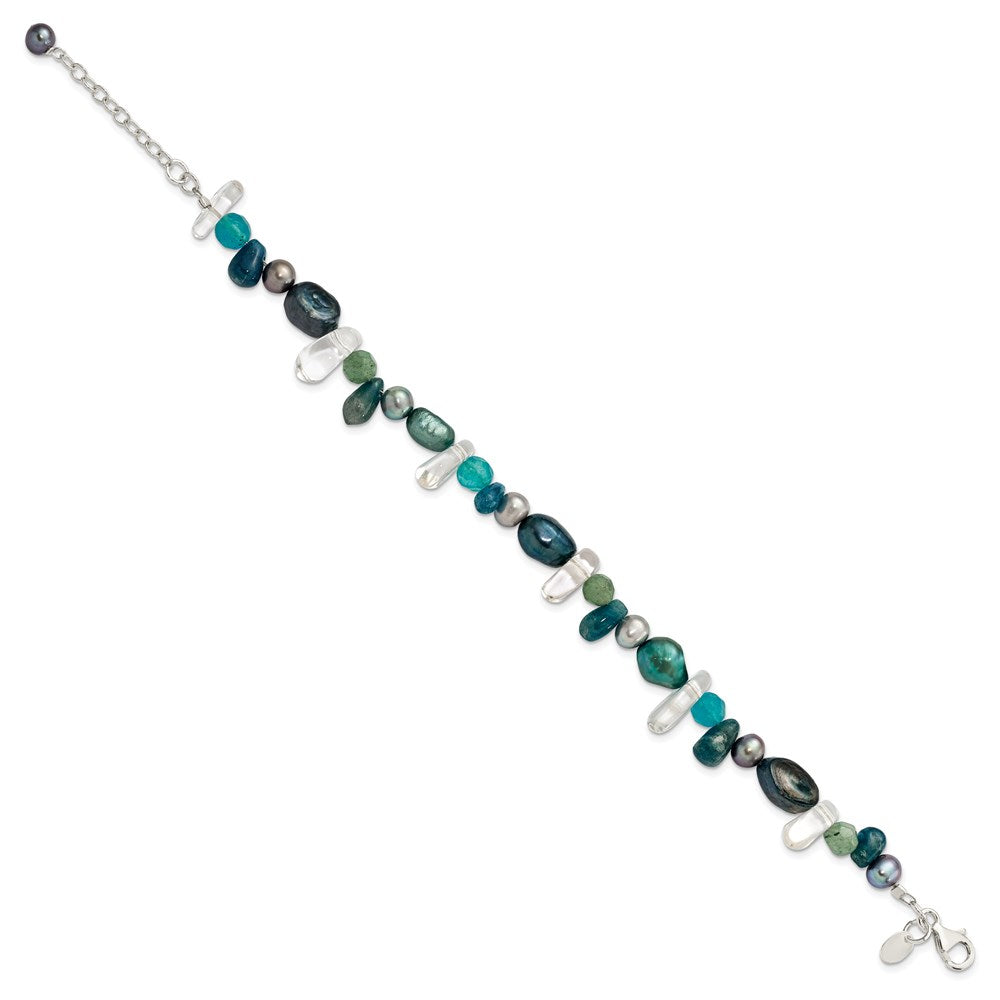 Sterling Silver Aventurine/Synthetic Blue Quartz/Freshwater Cultured Pearl/Crystal Bracelet