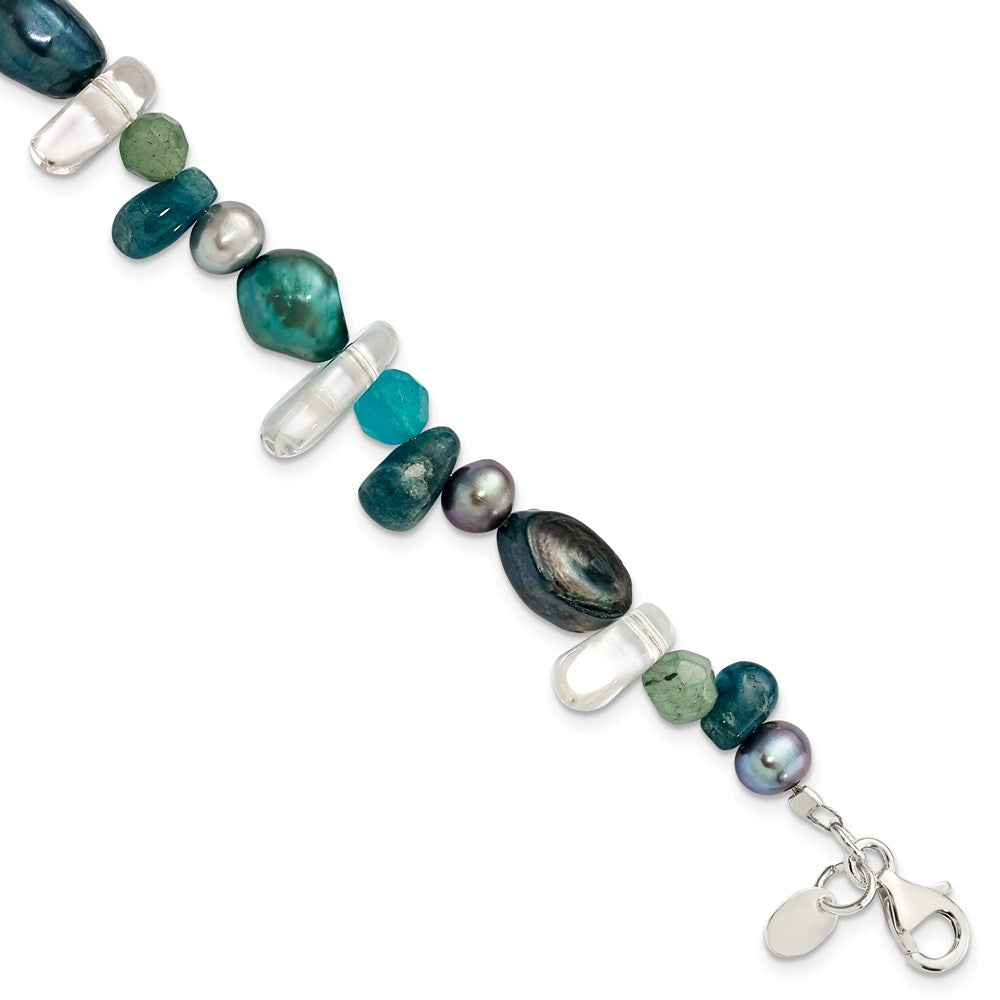 Sterling Silver Aventurine/Synthetic Blue Quartz/Freshwater Cultured Pearl/Crystal Bracelet