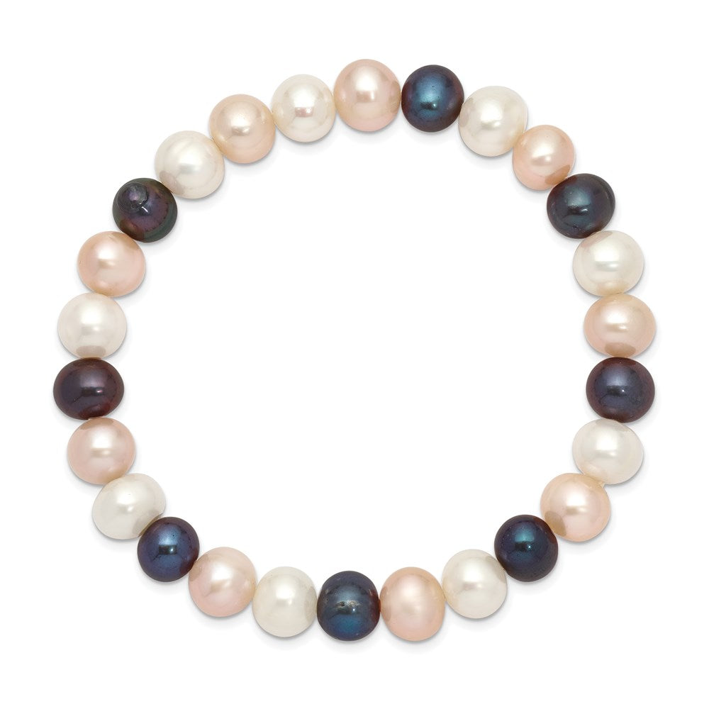 8- White/Peach/Black Near-Round Freshwater Cultured Pearl Stretch Bracelet