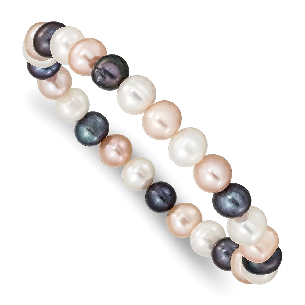 8- White/Peach/Black Near-Round Freshwater Cultured Pearl Stretch Bracelet