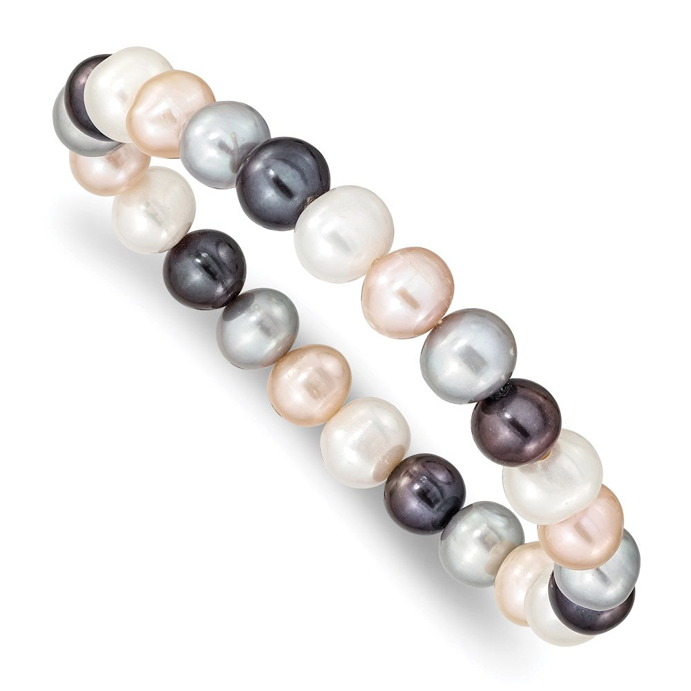 8- White/Grey/Peach/Black Near-Round Freshwater Cultured Pearl Stretch Bracelet
