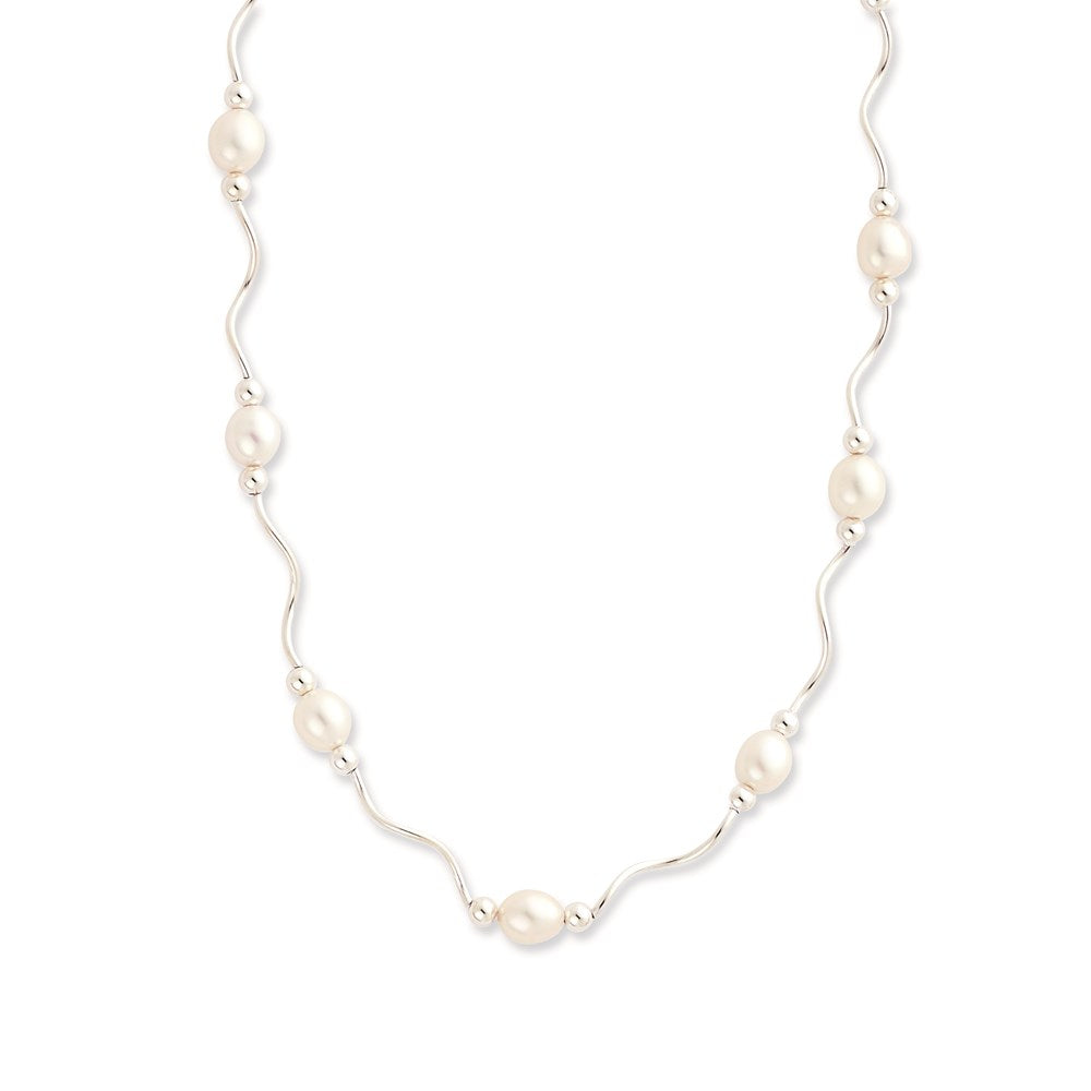 Sterling Silver Rhodium-plated 6- White Rice Freshwater Cultured Pearl 16-Station Necklace
