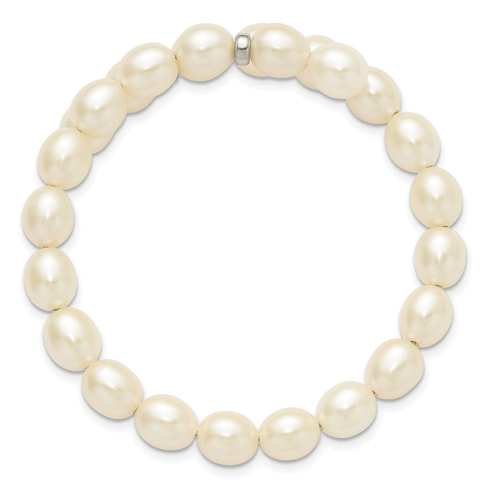 Sterling Silver Rhodium-plated 7- White Rice Freshwater Cultured Pearl Flexible Bracelet