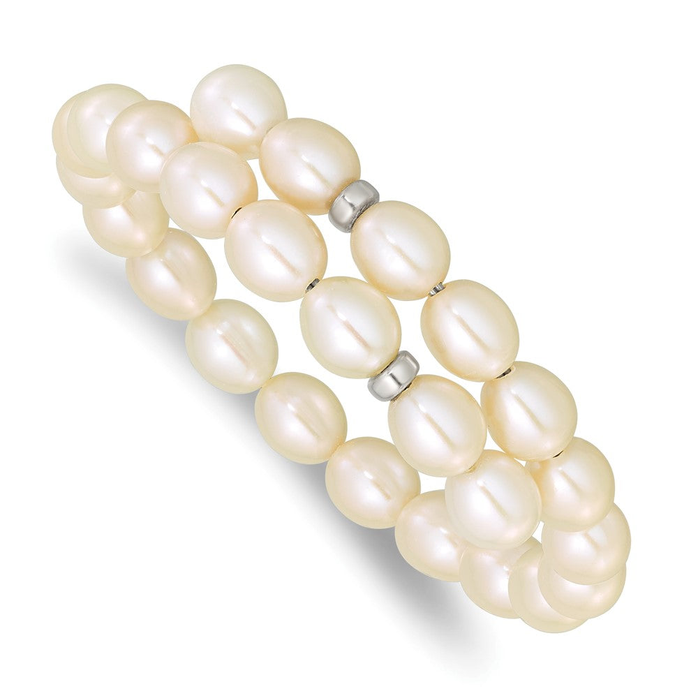 Sterling Silver Rhodium-plated 7- White Rice Freshwater Cultured Pearl Flexible Bracelet