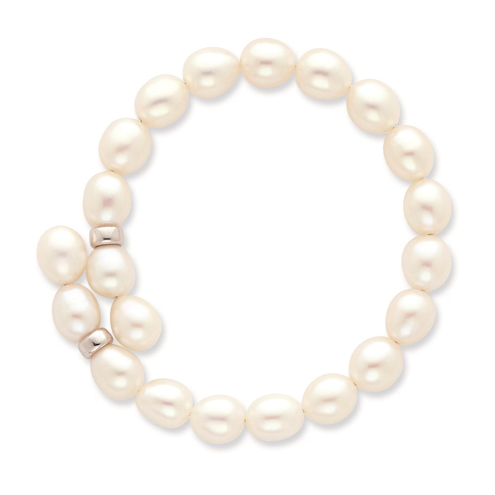 Sterling Silver Rhodium-plated 7- White Rice Freshwater Cultured Pearl Flexible Bracelet