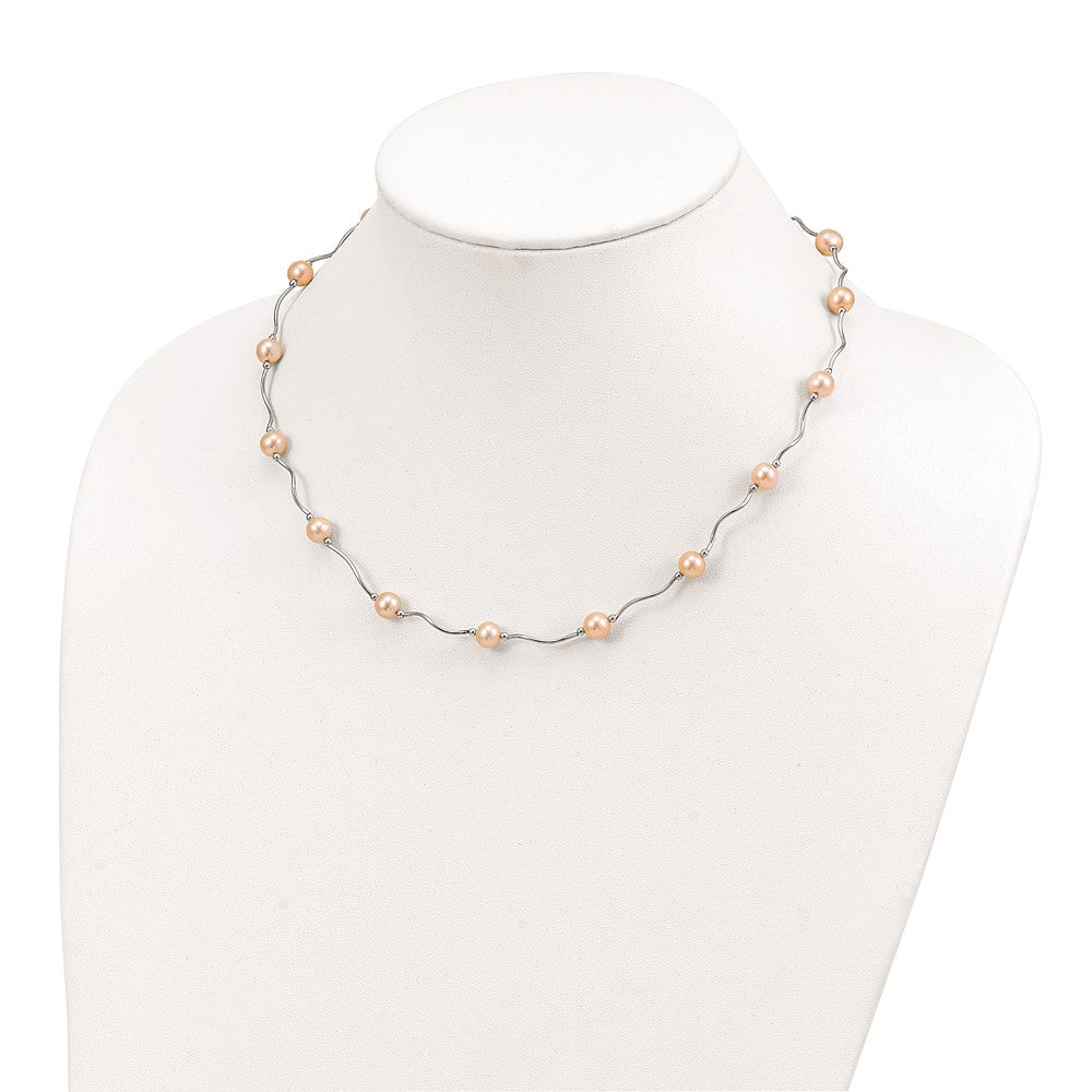 Sterling Silver Rhodium-plated 6- Pink Near-Round Freshwater Cultured Pearl 18-Station Necklace