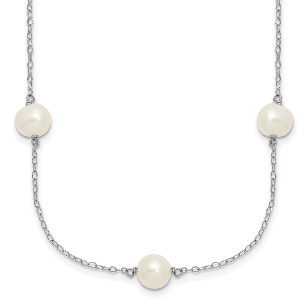 Sterling Silver Rhodium-plated 7- White Near-Round Freshwater Cultured Pearl 7-Station with Extension Necklace