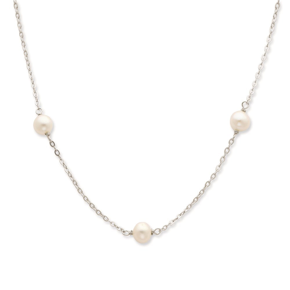 Sterling Silver Rhodium-plated 7- White Near-Round Freshwater Cultured Pearl 7-Station with Extension Necklace