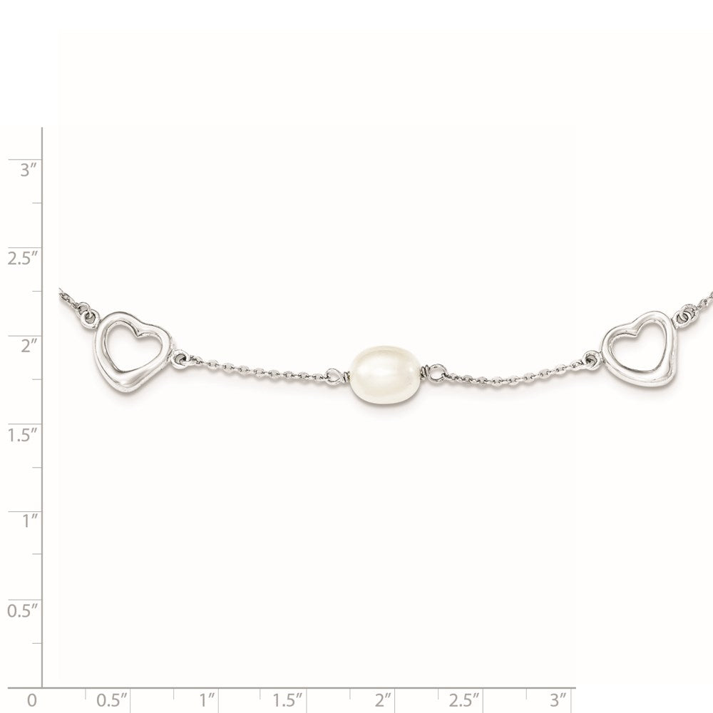 Sterling Silver Rhodium-plated 7- White Teardrop Freshwater Cultured Pearl and Hearts with Extension Necklace