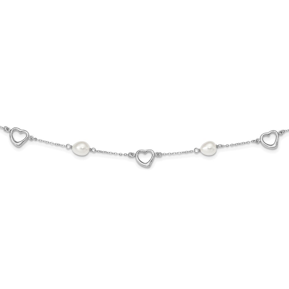 Sterling Silver Rhodium-plated 7- White Teardrop Freshwater Cultured Pearl and Hearts with Extension Necklace