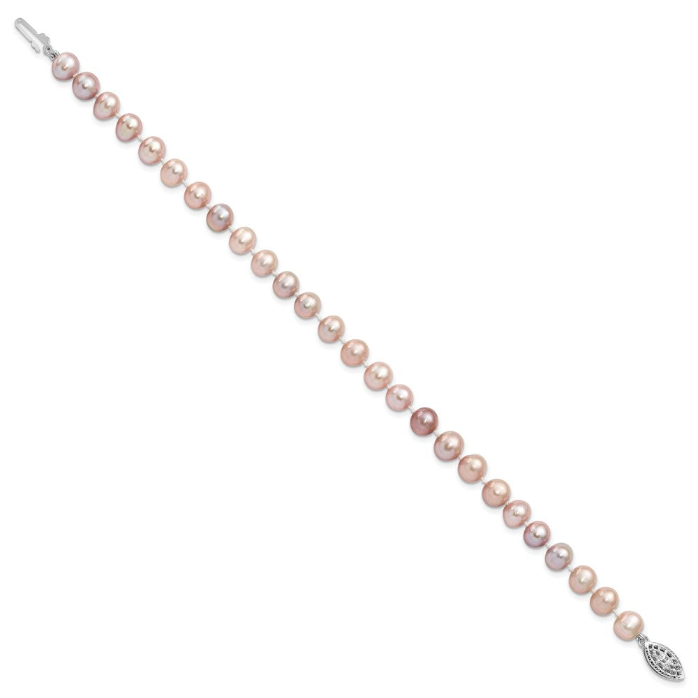 Sterling Silver Rhodium-plated 6- Purple Near-Round Freshwater Cultured Pearl Bracelet