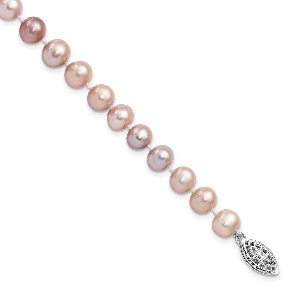 Sterling Silver Rhodium-plated 6- Purple Near-Round Freshwater Cultured Pearl Bracelet