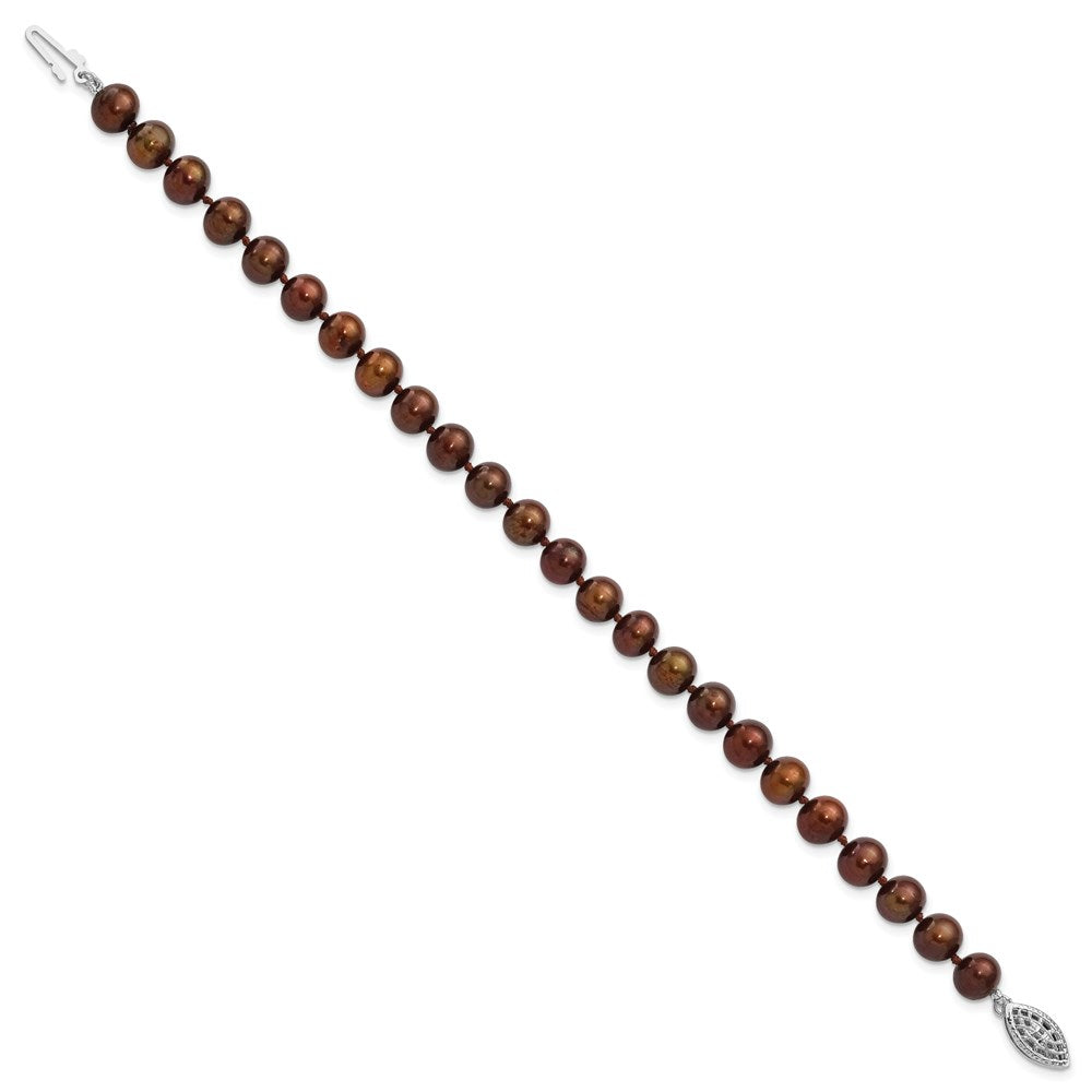 Sterling Silver Rhodium-plated 6- Brown Near-Round Freshwater Cultured Pearl Bracelet