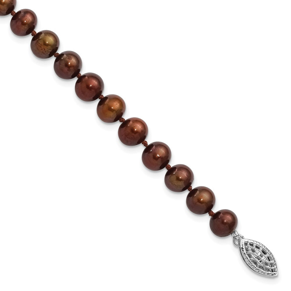 Sterling Silver Rhodium-plated 6- Brown Near-Round Freshwater Cultured Pearl Bracelet