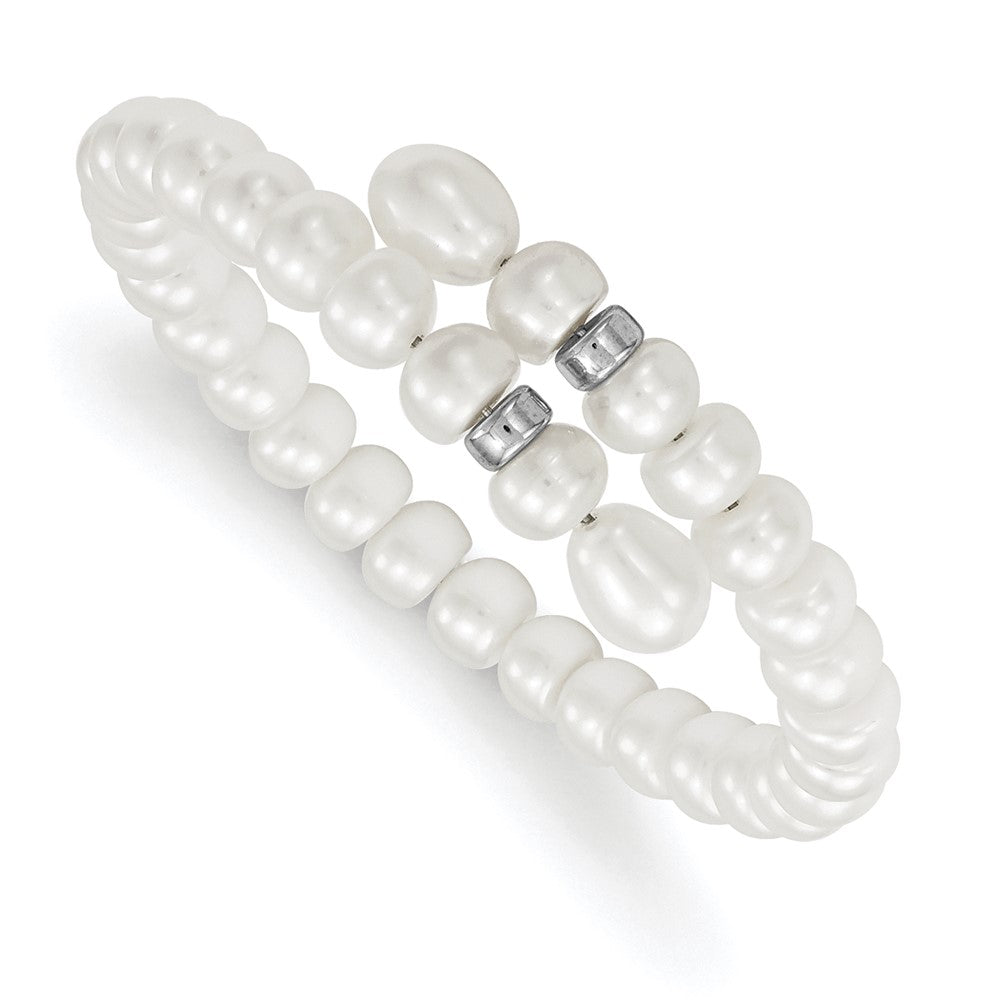 Sterling Silver Rhodium-plated 6- White Button and Rice Freshwater Cultured Pearl Flexible Bracelet