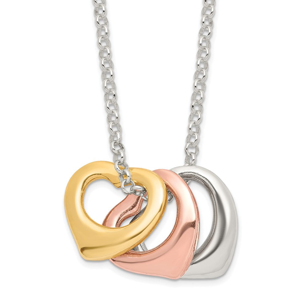 Sterling Silver Polished Three-tone Heart Necklace