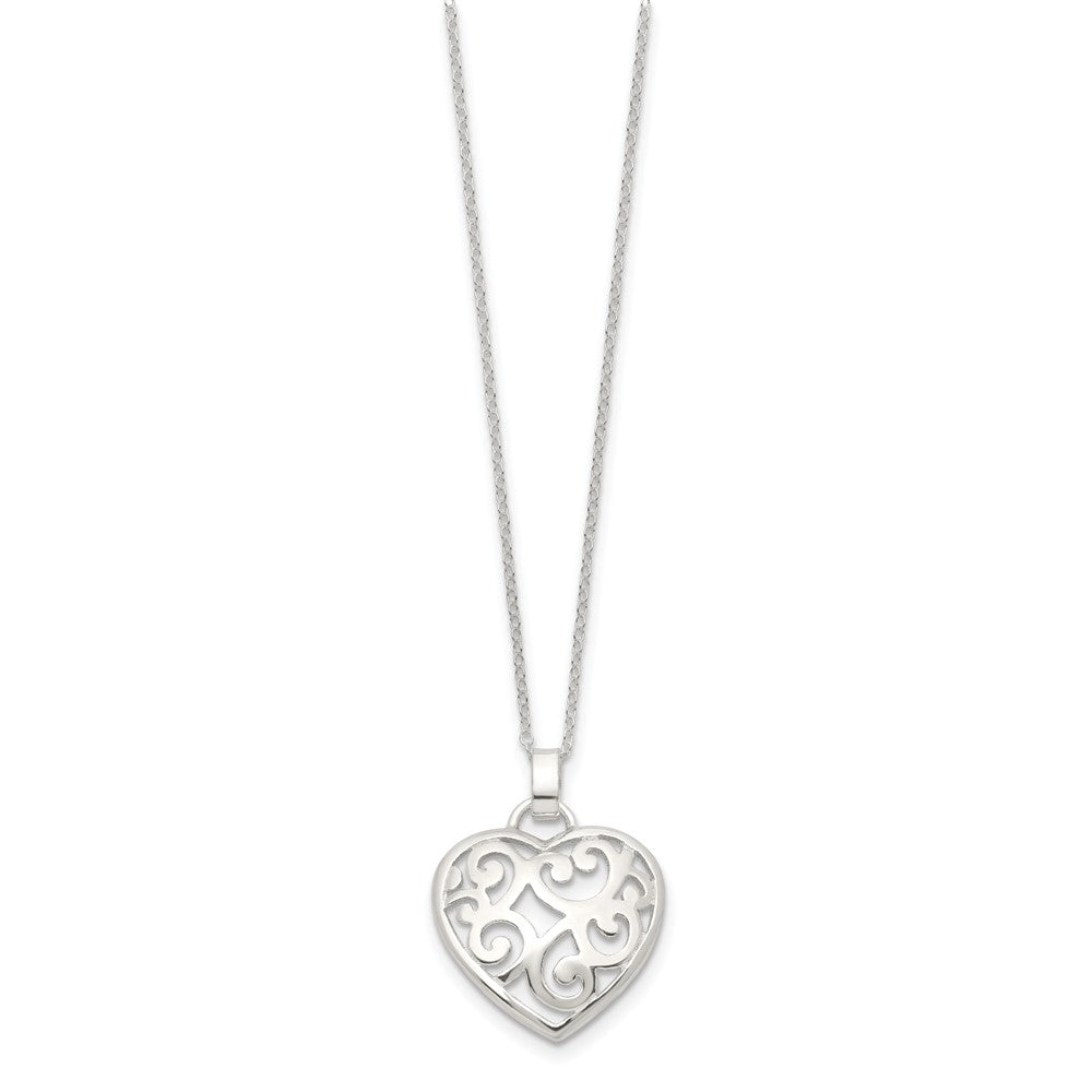 Sterling Silver Polished Filigree Swirl Heart Necklace