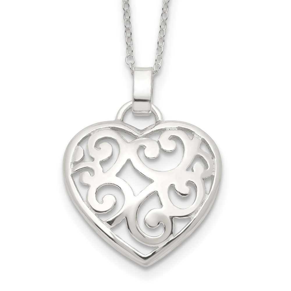 Sterling Silver Polished Filigree Swirl Heart Necklace