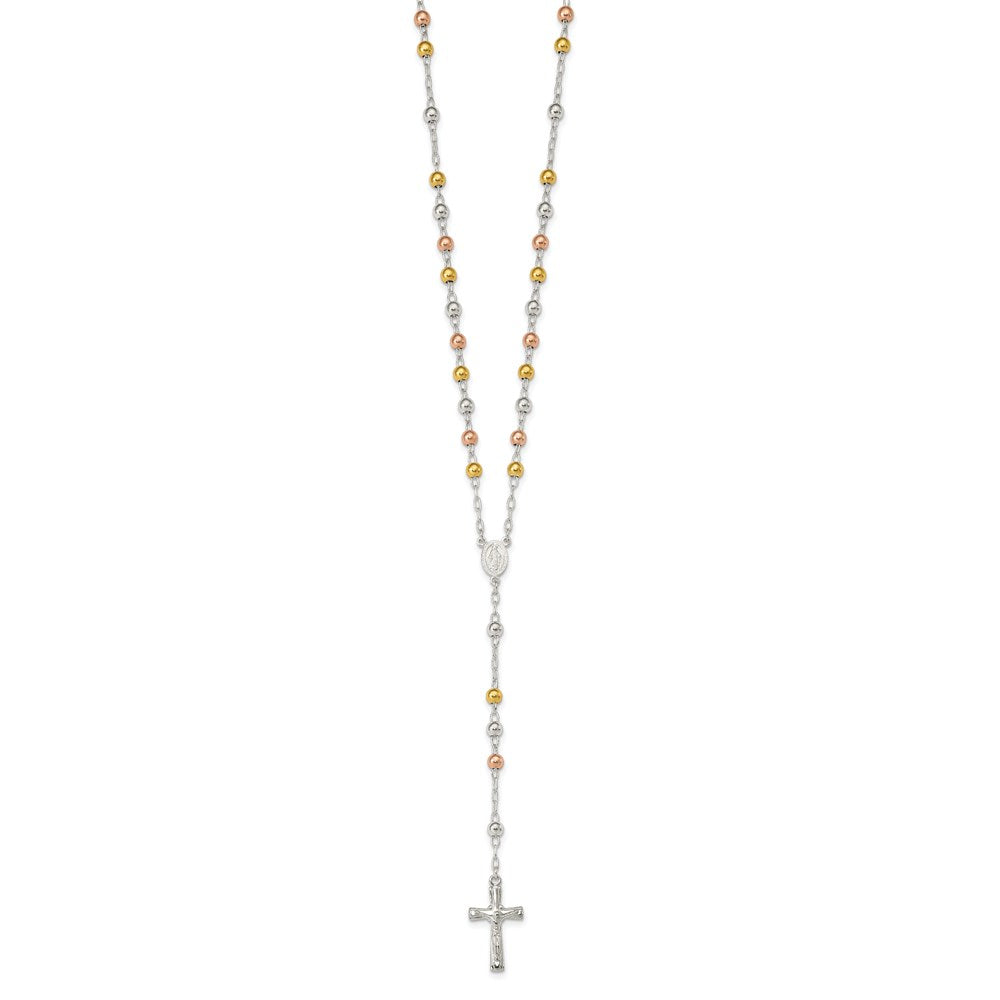 Sterling Silver Polished Rosary Tri-color Beads Necklace