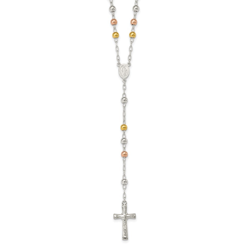 Sterling Silver Rose and Yellow Gold-plated Polished Beads Rosary