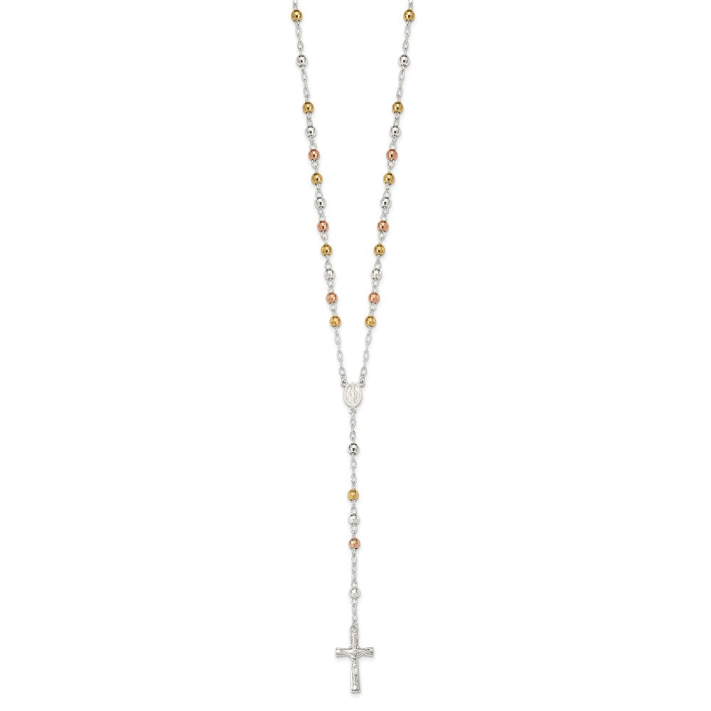 Sterling Silver Tri-color Polished Textured Bead Rosary Necklace