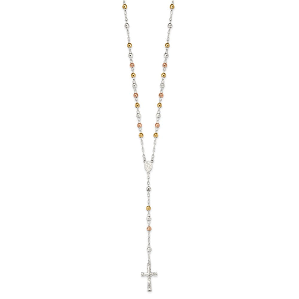 Sterling Silver Rose and Yellow Gold-plated Polished Mirror Beaded Rosary