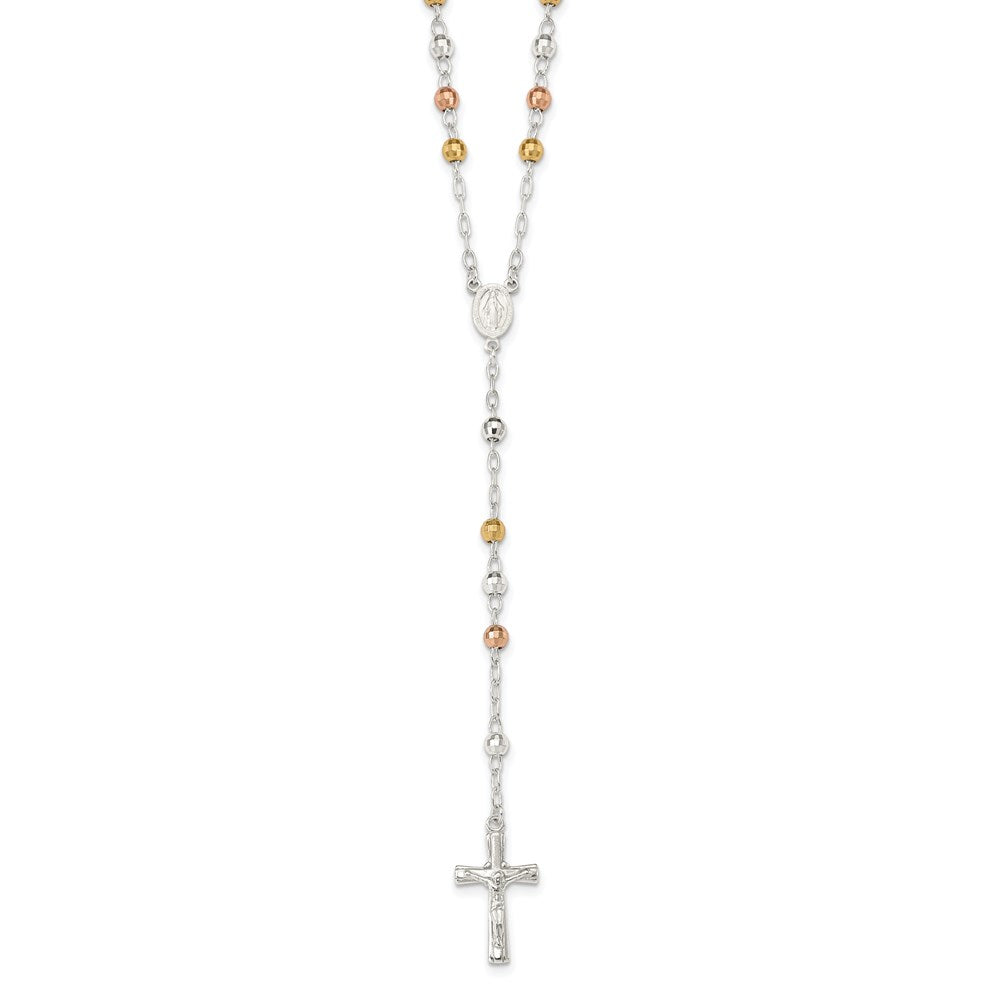 Sterling Silver Rose and Yellow Gold-plated Polished Mirror Beaded Rosary